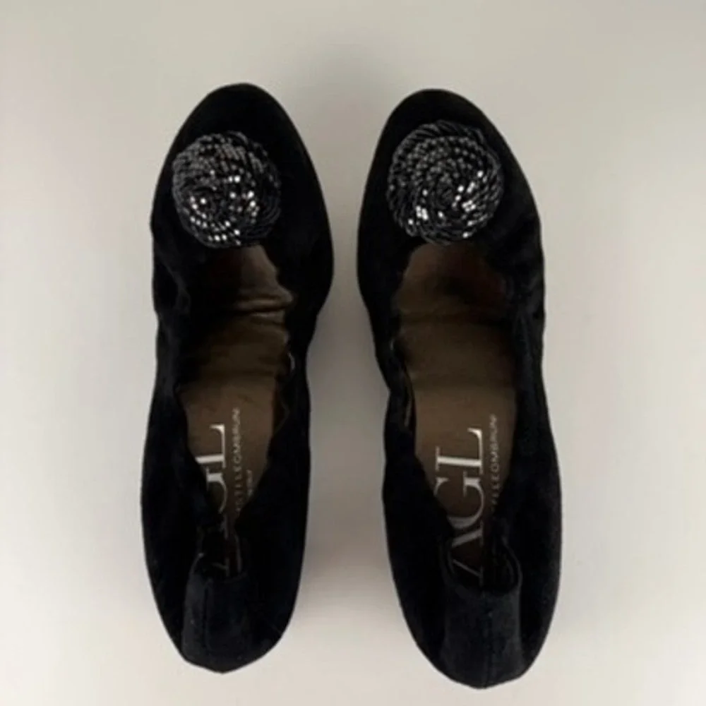 AGL Black Suede Flats 9 Leather Metal Rosette Flats Heel Ballet Minimal Office